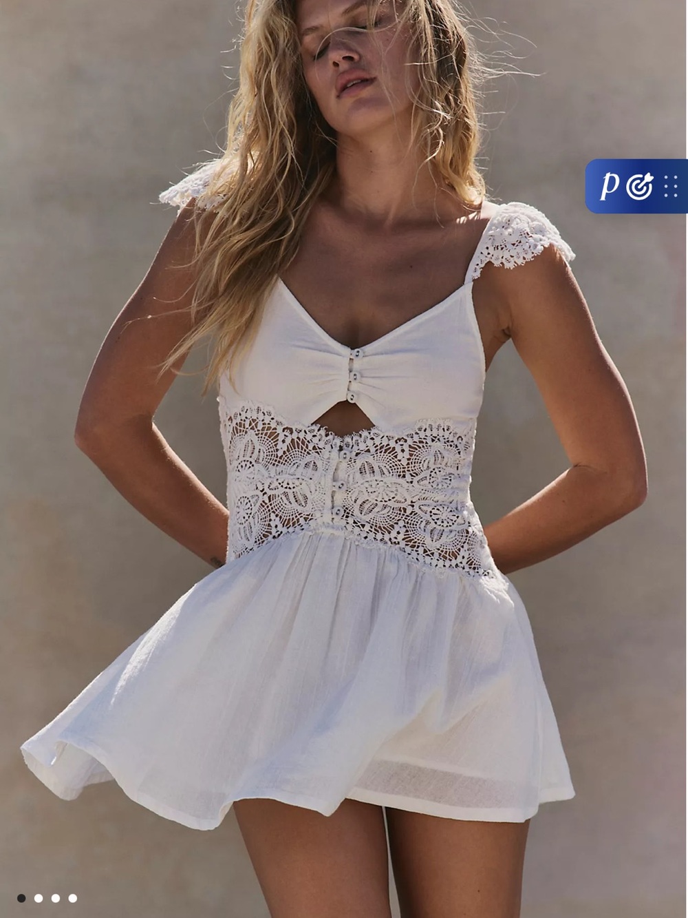 Free People White Crochet Bodice Mini Dress with Cap Sleeves - Norla